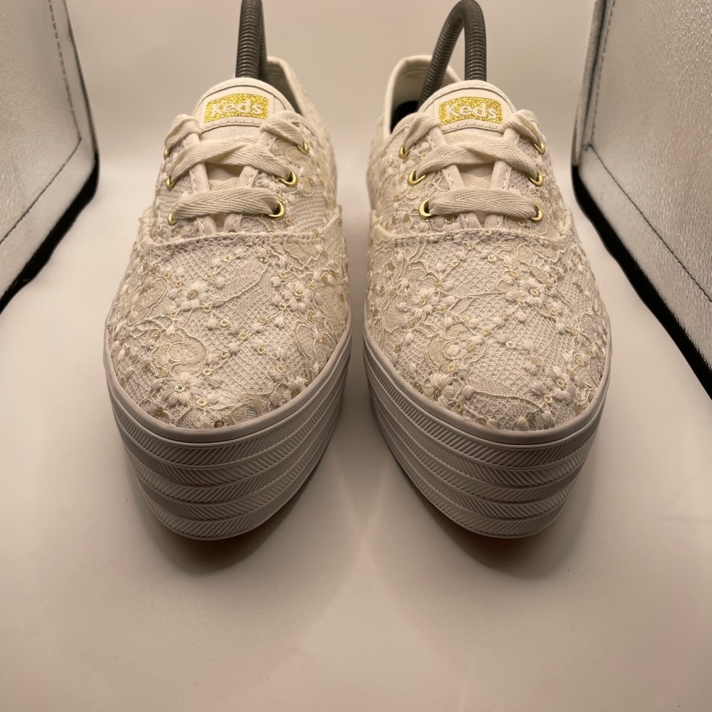 Keds Lace Platform Sneakers in Cream with Gold Accents - Picture 5 of 9
